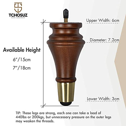 6 inch Solid Wood Furniture Spool Legs with Gold Caps, 4PCS Walnut - color: Walnut, size: 6"/ 15cm