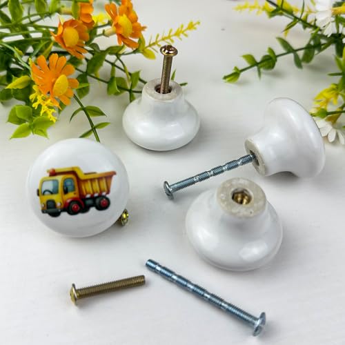 Lasyman1.5 8PCS Ceramic Fun Cabinet Boys Bedroom Nursery Kids Dresser Knobs Construction Truck Drawer Door Cupboard Handle Pulls
