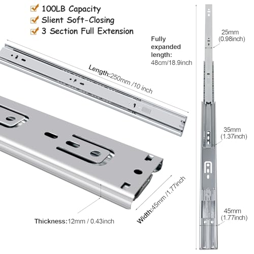 10 inch Soft Close Drawer Slides 6 Pairs Ball Bearing Full Extension Cabinet Drawer Slides 3 fold, Side Mount, 100 LB Capacity Heavy Duty Drawer Slide 10" - size: 10inch(250mm), style: Sliver-6