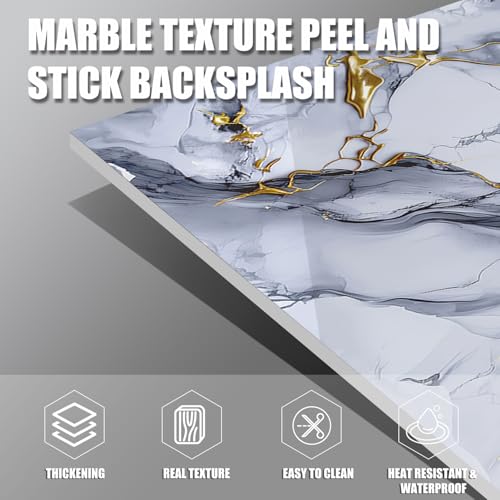 Marble Peel and Stick Backsplash 23.6 x11.8 in, 10PCS - color: Blue Stone Gilding
