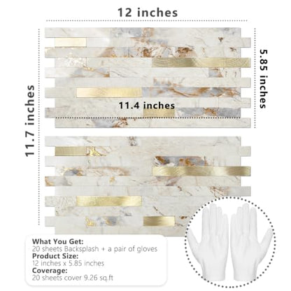 STICKGOO 20 Sheets Peel and Stick Backsplash Tile, Stick on Backsplash for Kitchen and Bathroom, Pandora Marble Look PVC Mixed Metal Gold Self Adhesive Wall Tiles - color: Pandora Marble + Metal Gold