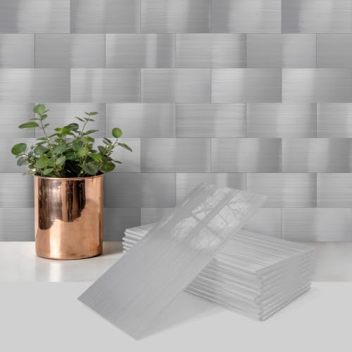 URCOLOR 102-Piece Peel and Stick Backsplash Tiles, 3" x 6" Faux Brushed Stainless Glossy Tile, Stick on Backsplash for Kitchen, Bathroom, Camper, Fireplace - color: Brushed Stainless
