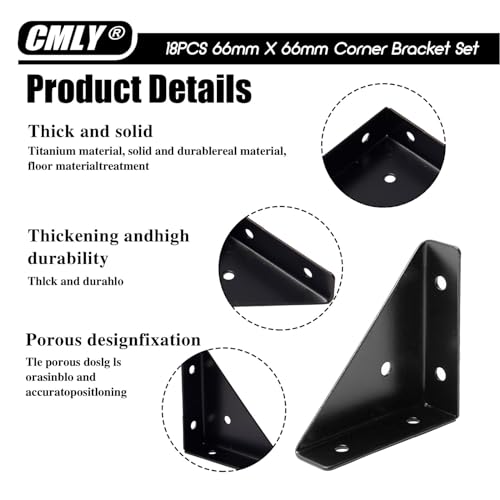 Corner Brace Brackets, 18Pcs 66mm x 66mm Black Corner Braces for Wood - size: Large, style: 18-Pack