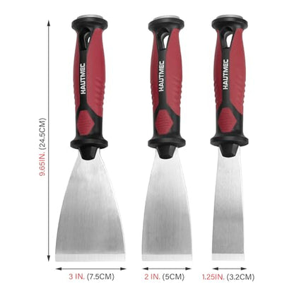 HAUTMEC 3pc Putty Knife Set, 1.25 in - 2 in - 3 in Paint Scraper, Flat Heavy Duty Stainless Steel Blade and Hammer End for Removing Wallpaper for Puttying Plaster, Cement HT0062-PT