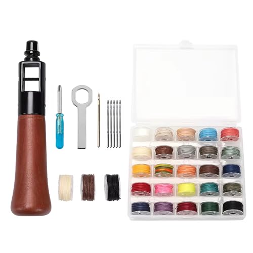 WUTA Repair Stitch Kit Leathercraft Stitch Awl Tool with 25 Colors 0.35mm Wax Thread, for Leather, Belt, Canvas, Fabric, Bag Repair Professional Stitcher Leather Craft Tool - style: Set A (Stitch Awl Kit+25 Colors 0.35mm Wax Thread)