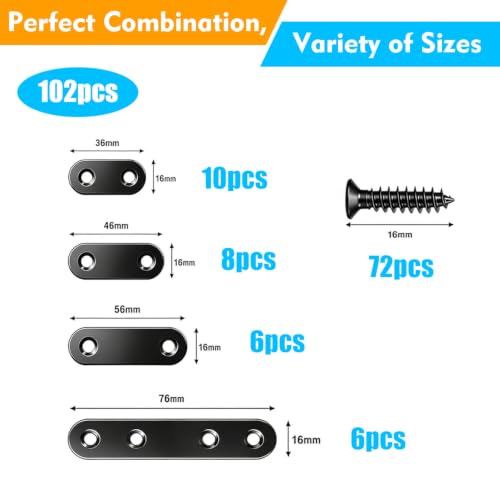 30 Sets Stainless Steel Straight Bracket Kit - 36mm/46mm/56mm/76mm Flat Mending Plates with 72 Screws for Wood Repair, Furniture, Cabinets & DIY Projects