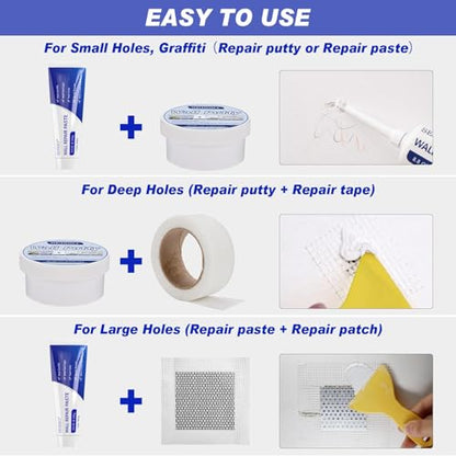 SEISSO Drywall Repair Kit, White- Wall Mending Agent 250 g* 2, Wall Repair Paste Plaster, 1 Pack Wall Putty, Repair Tape and Wall Repair Patch with 2inch 4inch, Quick Fill Crack and Nail Hole - style: 2pcs paste + putty