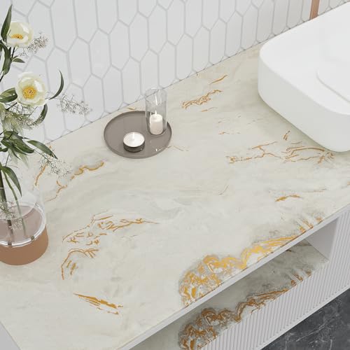 VEELIKE 118''x32'' Wide Matte Gold Beige Marble Contact Paper for Countertops Waterproof Marble Wallpaper Peel and Stick Countertops for Kitchen Bathroom Removable Self Adhesive Countertop Covering - size: 32" x 118"