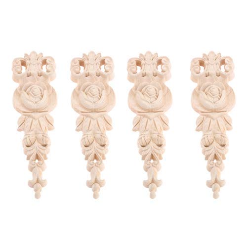 4Pcs Wood Appliques Onlays Wooden Carved Rose Carving Decals, Style A - size: Style A: 19x5.5cm/7.48"x2.17"