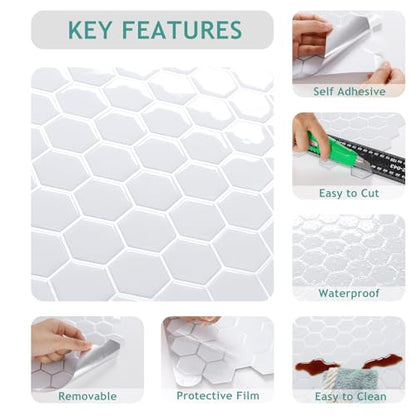 VEELIKE 12-Sheet White Hexagon Tile Peel and Stick Backsplash for Kitchen Backsplash Tiles Peel and Stick Waterproof Self Adhesive Back Splashes Stick on Tiles for Kitchen Bathroom Removable 12''x12'' - size: Box of 12 Tiles
