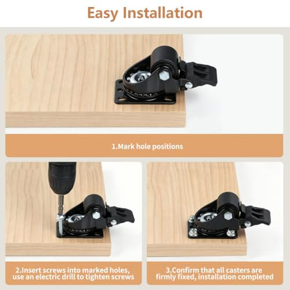 1.25" Heavy Duty Low Profile Swivel Plate Casters with Brake, 4 Pcs