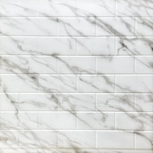 From Plain to Beautiful in Hours 129 Subway PVC 2' x 8' Glue-Up Backsplash Panels (Covers / 64 Sq.Ft), Marble, 4 Piece - color: Marble, size: Pack of 4