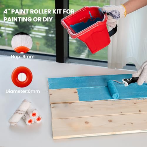 Mister Rui 4 Inch Paint Roller Kit, Hand Held Paint Bucket Kit with 24 Liners, 4" Roller Frame & Covers, 2" Brush, for DIY Home Painting Projects
