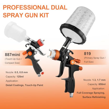 819 HVLP Air Spray Gun Kits, 2Pcs Large/Small Automotive Paint Gun 4Nozzles