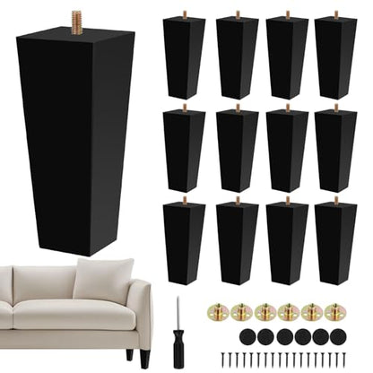 12 Set Furniture Legs with Installation Hardware 6 Inch Black Square Replacement Couch Legs Solid Wood Sofa Furniture Feet for Mid Century Armchair Bed Dresser Cabinet
