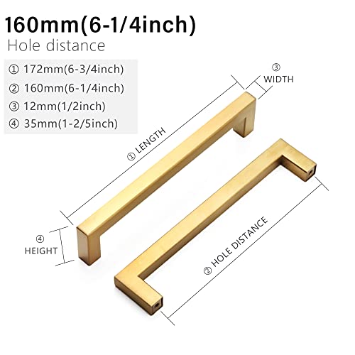 Cabinet Pulls Gold Cabinet Handles Square Drawer Pulls, 30 Pack 6-1/4 Inch Stainless Steel Kitchen Door Cupboard Cabinet Handles, Drawer Hardware Handles, 160mm Hole Centers - color: Gold, size: Two Hole - 6-1/4 inch Hole Centers(160mm)