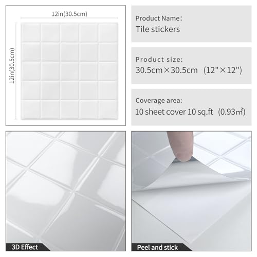DEWOO White Peel and Stick Backsplash Self Adhesive Wall Tiles 10-Sheet - color: Plain White