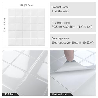 DEWOO White Peel and Stick Backsplash Self Adhesive Wall Tiles 10-Sheet - color: Plain White