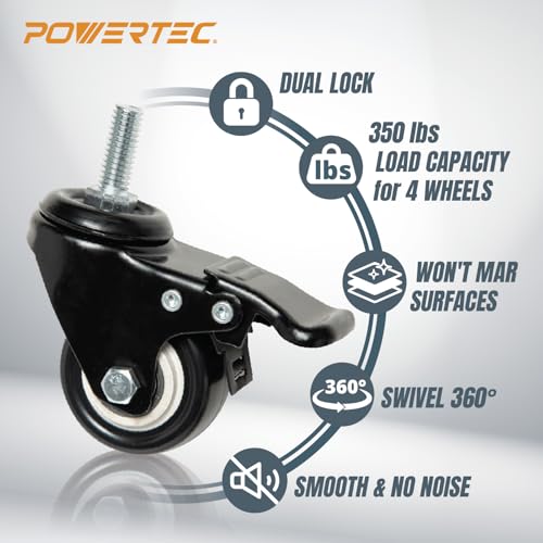 POWERTEC 2 Inch Caster Wheels Set of 4, 3/8"-16 x 1 Stem Casters - 2 Casters W/Dual Locking Break - Heavy Duty 350 lbs, 360° Swivel, PU Castor Wheels for Furniture, Carts, Trolleys, Toolboxes (17220)