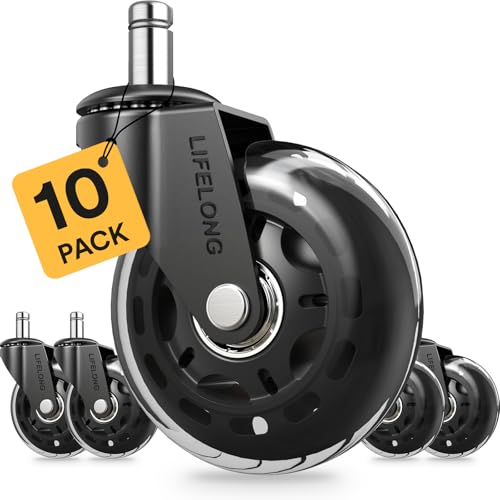 Lifelong Office Chair Wheels Replacement, Heavy Duty, 10 Pack Fits 98% - color: 10 Pack Clear & Black, size: 3 Inch