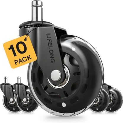 Lifelong Office Chair Wheels Replacement, Heavy Duty, 10 Pack Fits 98% - color: 10 Pack Clear & Black, size: 3 Inch