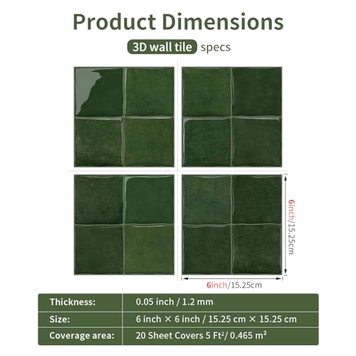 VICCI 3D Peel and Stick Backsplash Tiles, 6" x 6", 20-Sheet - color: Green