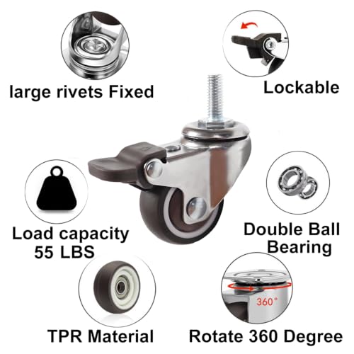 1.5" Thread Caster 3/8"-16UNC x 1" Stem Set of 4 All Brake Quiet Wheels - size: 1.5" Caster 3/8in Stem