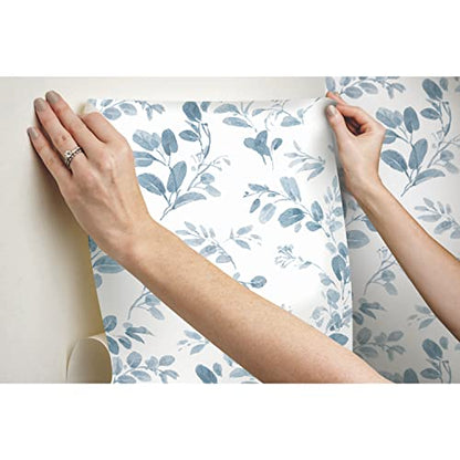 RoomMates Dancing Leaves Peel and Stick Wallpaper - color: Blue/White