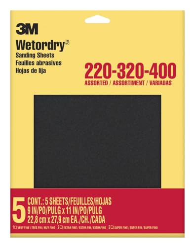 3M Wetordry Sandpaper, 5 Sheets, 9 in x 11 in, Assorted Grits (220/320 / 400), Use for Wet and Dry Sanding, for Sanding Between Coats of Varnish, Lacquer, Paint & Other Finishes (9088DC-NA), 2-Pack - style: Assorted Grit, 2-Pack (10 Sheets)