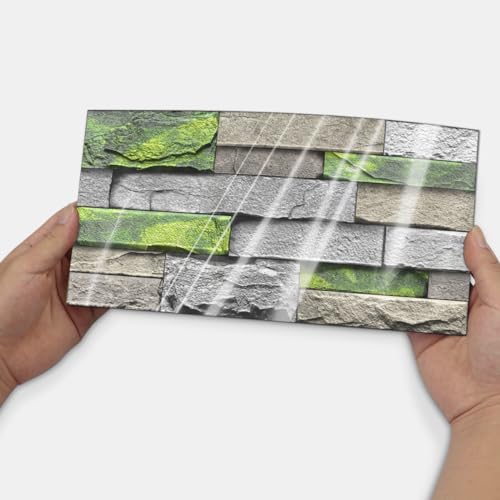 Alwayspon 24Pcs 12x6inch Peel&Stick Wall Sticker Vinly Wallpaper, Waterproof Backsplash for Kitchen Bathroom, Self-Adhesive Tile Transfers Decal Stick on Tiles with GreenYellow Stone Brick Effect - color: Fg-l15, size: 24 Pcs