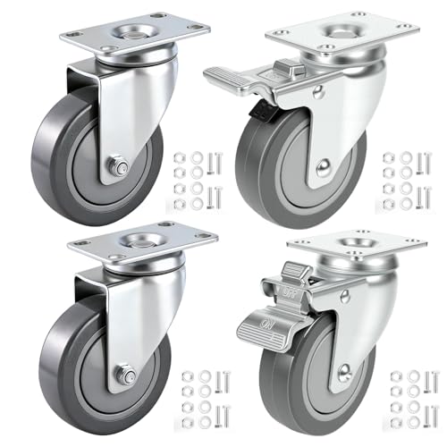 4 Inch Swivel Casters Set of 4 with 2 Brake, Heavy Duty Grey Polyurethane Wheels, 360-Degree Silent Smooth Rotation, 1100 lbs Capacity 4-Pack for Carts, Industrial Equipments, Workbench - style: 4 Inch