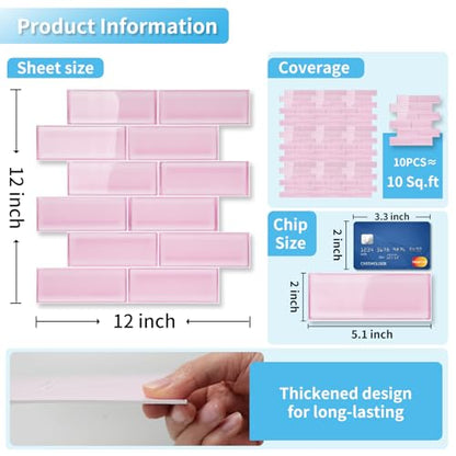 Art3d Seaglass Subway Tile Design Peel and Stick Backsplash, 10-Pack, Pink - color: Pink