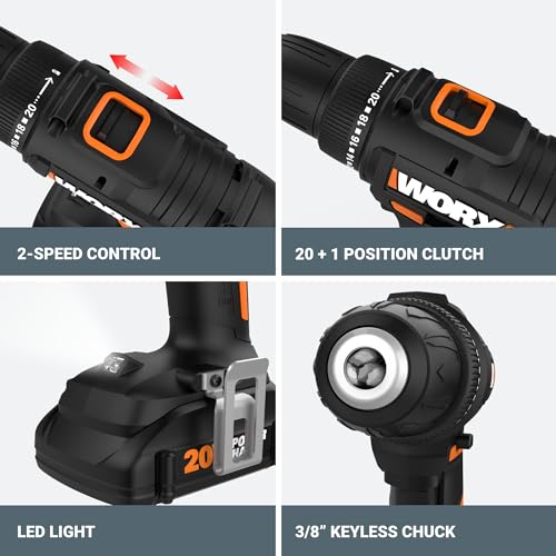 WORX Cordless Drill Driver, 20V 3/8-Inch 84-Piece Kit, WX100L.2 - style: 3/8" Cordless Drill & Driver (Battery & Charger & 84pc Accessory Kit Included)