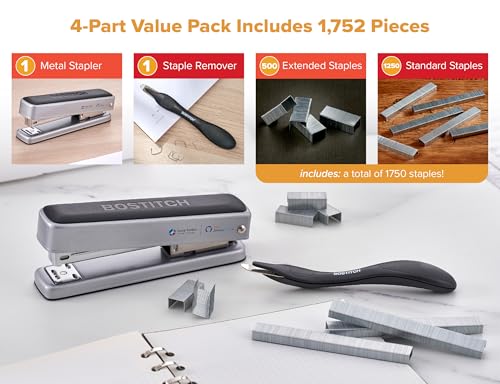 Bostitch Titan Heavy Duty Metal Stapler, 50 Sheet Capacity with 1250 Staples and Ergonomic Staple Remover, Jam Free Stapling, Full Strip Stapler for Desk, Office and Classroom, Silver - color: Silver
