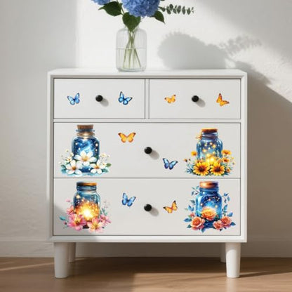 Peacoblue Mason Jar Butterflies Rub On Transfers for Furniture 6"x12" - style: Mason Jar With Flowers Fireflies And Butterflies