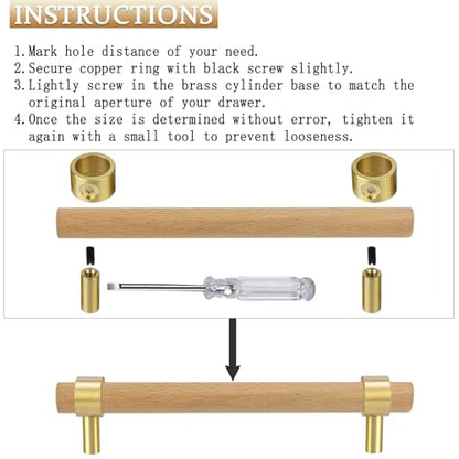 Adjustable Drawer Pulls Natural Wood and Brass Cabinet Handles for Kitchen Cupboard Closet,4Set Boho Wood and Gold Dresser Knob Unfinished DIY Brushed Brass Base 3~5 Inch - size: 3Inch~5 Inch