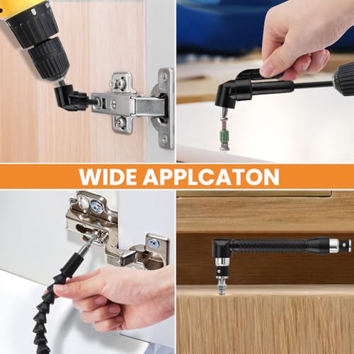 21Pcs Right Angle Drill Attachment Set Include 2Pcs Flexible Drill Bit Extension 3Pcs 360° Rotatable Socket Adapter 2Pcs Hex Shank 105° Right Angle Attachment 10 Screwdriver Bits(COLOR:black)