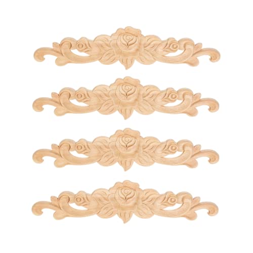 4Pcs Wood Carved Appliques Rose Wooden Carving Onlays Decals for Furniture - size: 4pcs