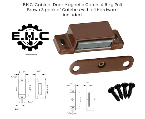 Door/Cabinet Magnetic Catch, Brown, 3 Pack with All Hardware, 4-5 kg Pull Strength, by E.H.C.
