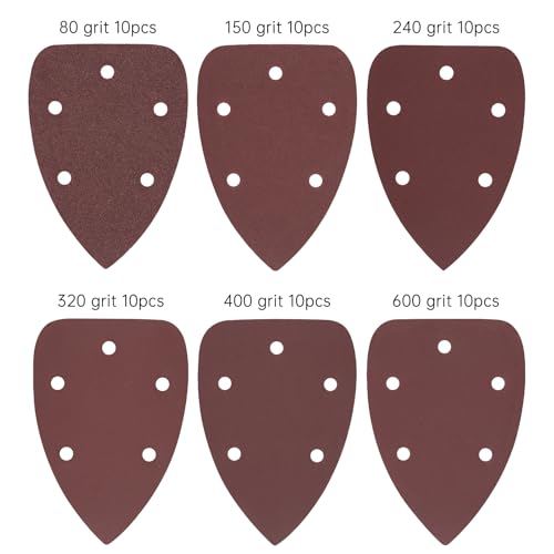 ChgImposs 60 Pcs Mouse Detail Sander Sanding Paper, 5 Hole Sanding Pads 80 150 240 320 400 600 Grit 10 Each of, Hook and Loop Sandpaper Pads for Palm Sander