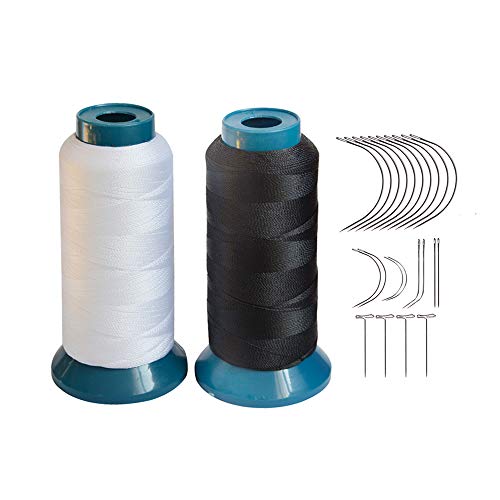 Hair Weaving Thread with C/J/I/T Needles 1200 Yards 250 D Strength Polyester Thread Sewing Thread for Making Wigs Hair Extension Kit (Black,White) - color: Black,White
