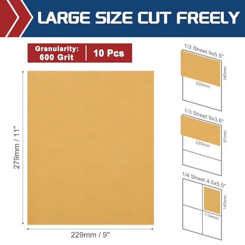 10Pcs Sand Paper 9x11Inch 600Grit Aluminum Oxide Sandpaper Sheets - size: 9 x 11 Inch x 600 Grits