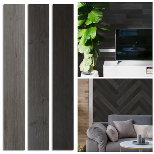 W&S 10pack Peel and Stick Pine Real Shiplap Wood Paneling, Dune Black Stick On Wall Planks for Bedroom,Living Room and RV, Adhesive Wood Panel for Interior Accent Wall, Wooden Backsplash (12.4Sq.Ft) - color: Dune Black