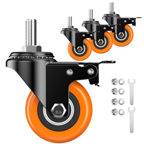 2 inch Caster Wheels 5/16" - 18x1 Threaded Stem Casters Set of 4 Heavy Duty(Stem Diameter 5/16" UNC, Stem Length 1"). Safety Locking Industrial Casters for Carts, Furniture(Orange) - size: 2 Inch_5/16"-18x1"