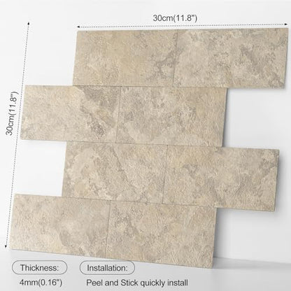 Peel and Stick Subway Tile Backsplash, 10 Sheets 11.8''x11.8'' Beige Stone-Look 3D Wall Tiles, Thick & Strong Adhesive, Heat Resistant & Waterproof Stick On Tiles for Kitchen, Bathroom - color: Beige Stone Rock