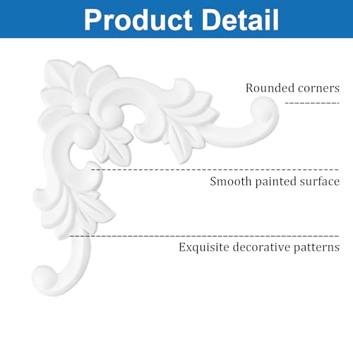 INCREWAY 4PCS Unpainted PVC Corner Wall Molding, French Style Medallion, Wainscoting Accent Panel for Ceiling Cabinet Door Bed Dresser Mirror Furniture (11cm, Leaf Pattern)