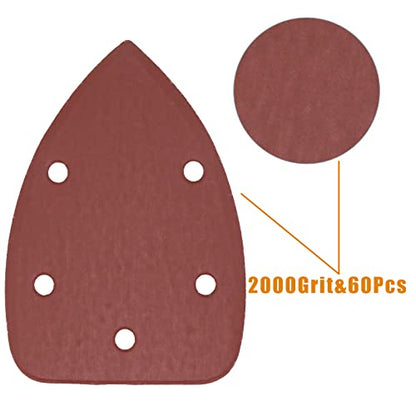 60 Pcs 2000 Grit Mouse Detail Sander Sandpaper, Aluminum Oxide Mouse Sander Pads 5 Hole Palm Sander Pads Sanding Sheets for 140mm Mouse Sander - size: 2000 Grit