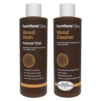 Furniture Clinic 8.5oz Natural Oak Wood Stain + 250ml Wood Cleaner | Water Based | Fast Drying, Low Odor, & Non-Toxic | for Indoor & Outdoor Furniture and More