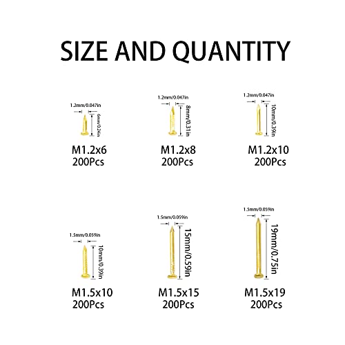 1200Pcs Small Tiny Nails Carbon Steel Brass Plated for Wooden DIY Micro Mini Nails M1.2/1.5 Assortment Kit 6 Sizes