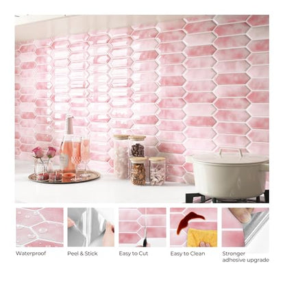 FunStick 15-Pack Light Pink Peel and Stick Backsplash Pink Hexagon Kitchen Backsplash Tiles Peel and Stick on Backsplashes Tiles for Kitchen Bathroom Self Adhesive Wall Tile Stickers Removable 12"x12" - color: Light Pink, size: Box of 15 Tiles